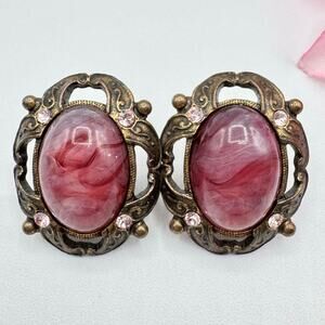Vintage 1928 Victorian Revival Purple Swirled Lucite Cabochon Pink Rhinestones